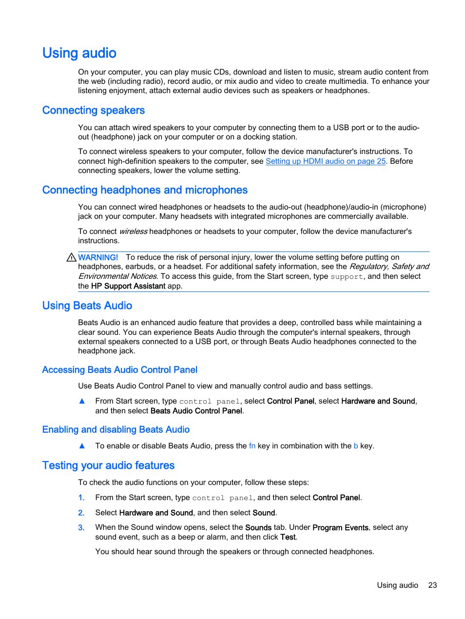 Using audio, Connecting speakers, Connecting headphones and microphones | Using beats audio, Accessing beats audio control panel, Enabling and disabling beats audio, Testing your audio features | HP Pavilion 14z-v000 CTO Notebook PC User Manual | Page 33 / 82