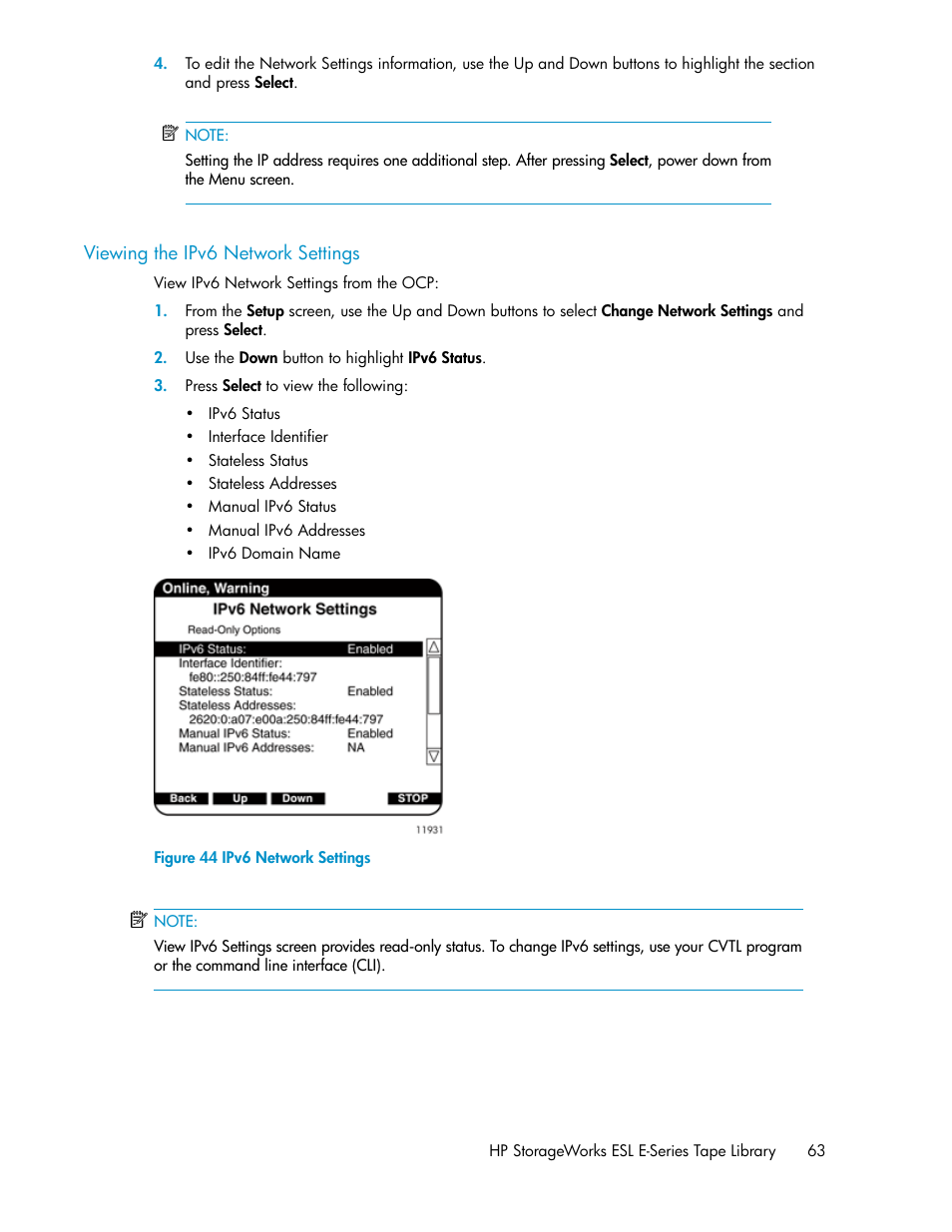 Viewing the ipv6 network settings, Ipv6 network settings | HP ESL E-series Tape Libraries User Manual | Page 63 / 176