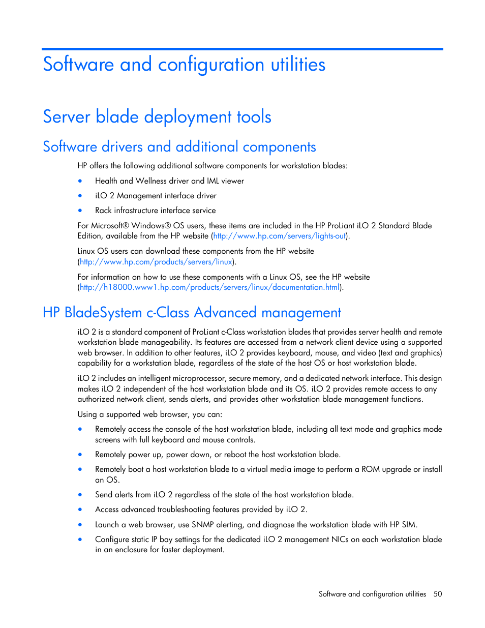 Software and configuration utilities, Server blade deployment tools, Software drivers and additional components | Hp bladesystem c-class advanced management | HP ProLiant WS460c G6 Workstation-Blade User Manual | Page 50 / 109