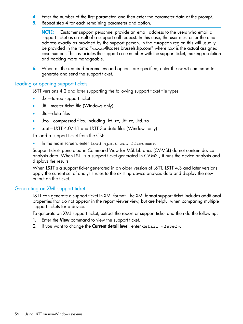 Loading or opening support tickets, Generating an xml support ticket | HP Library and Tape Tools User Manual | Page 56 / 182