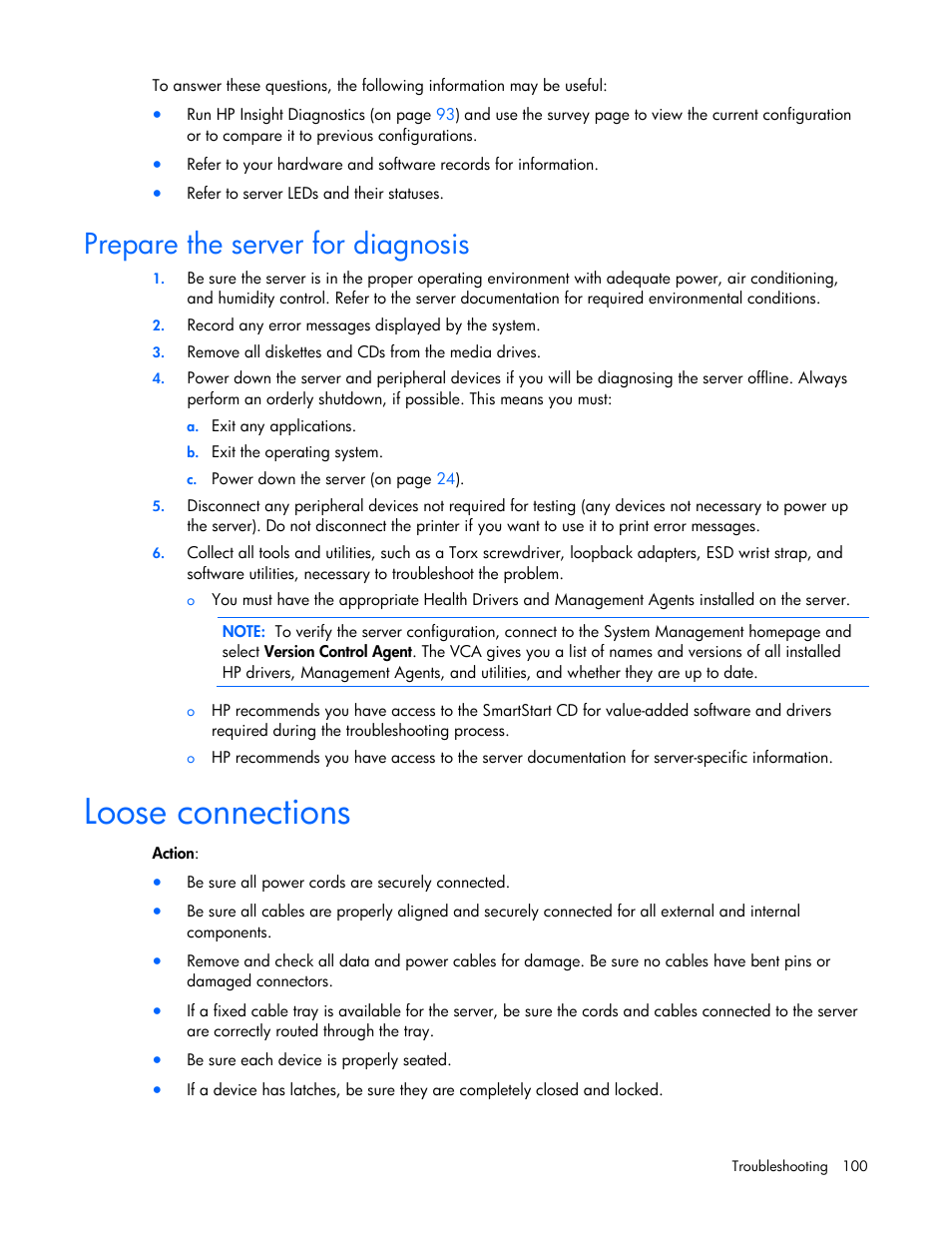 Prepare the server for diagnosis, Loose connections | HP ProLiant DL580 G4 Server User Manual | Page 100 / 139