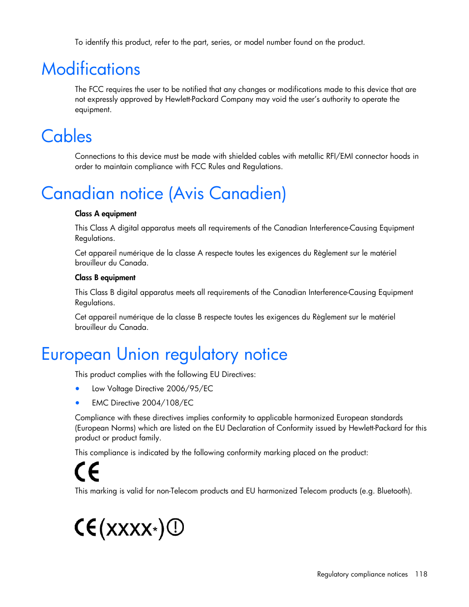 Modifications, Cables, Canadian notice (avis canadien) | European union regulatory notice, 118 european union regulatory notice | HP ProLiant DL580 G4 Server User Manual | Page 118 / 139