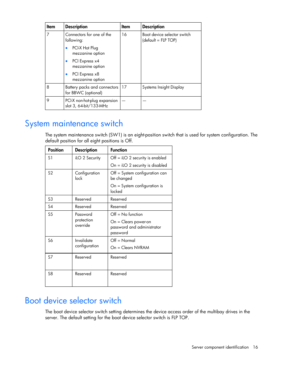 System maintenance switch, Boot device selector switch | HP ProLiant DL580 G4 Server User Manual | Page 16 / 139