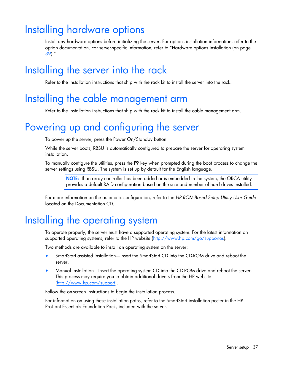 Installing hardware options, Installing the server into the rack, Installing the cable management arm | Powering up and configuring the server, Installing the operating system, 37 installing the server into the rack | HP ProLiant DL580 G4 Server User Manual | Page 37 / 139