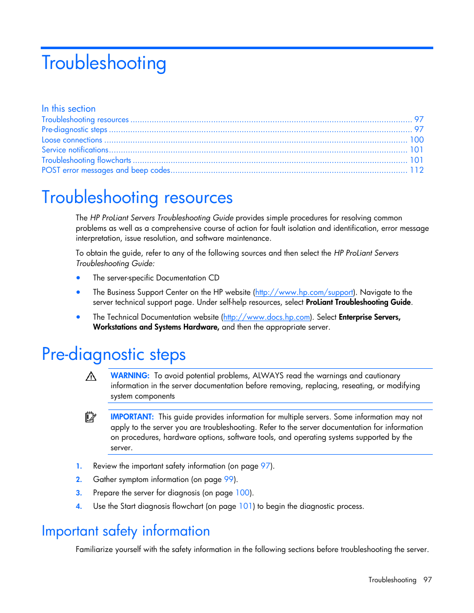 Troubleshooting, Troubleshooting resources, Pre-diagnostic steps | Important safety information | HP ProLiant DL580 G4 Server User Manual | Page 97 / 139