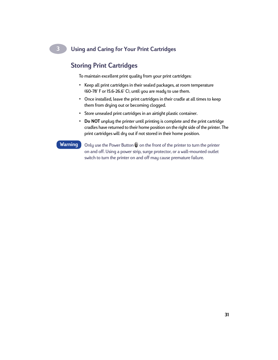 Storing print cartridges | HP Deskjet 950c Printer User Manual | Page 38 / 73