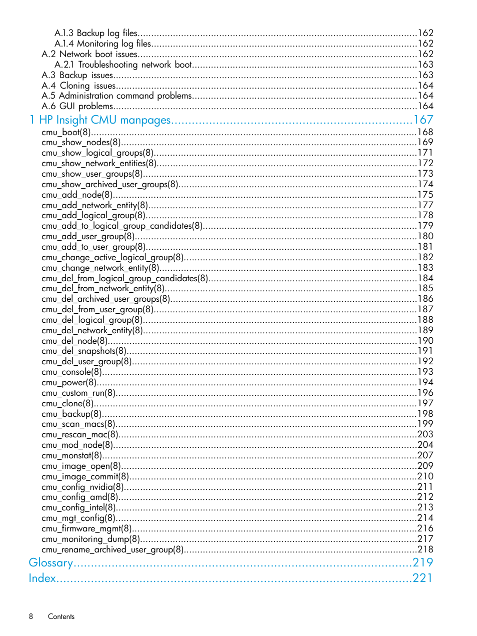 1 hp insight cmu manpages, Glossary index | HP Insight Cluster Management Utility User Manual | Page 8 / 223