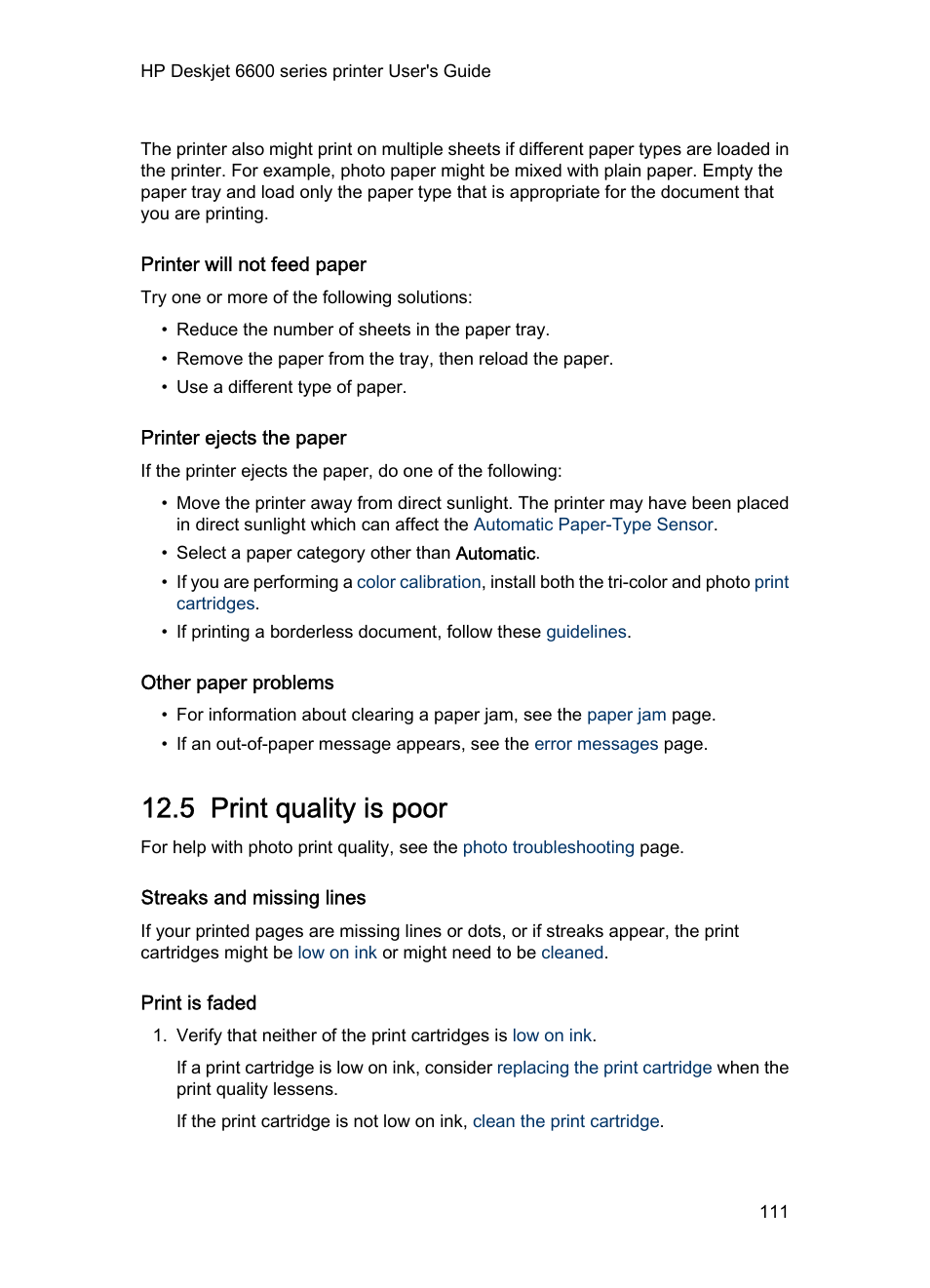 Printer will not feed paper, Printer ejects the paper, Other paper problems | 5 print quality is poor, Streaks and missing lines, Print is faded, Print quality is poor | HP Deskjet 6620 Color Inkjet Printer User Manual | Page 111 / 155