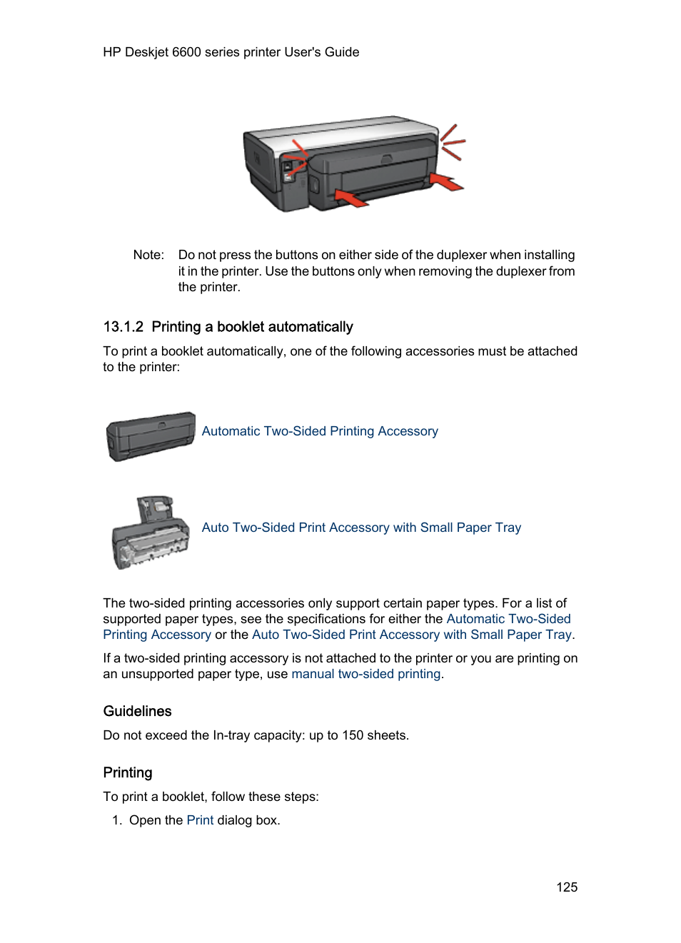 2 printing a booklet automatically, Guidelines, Printing | Steps to print, A booklet automatically, Booklet, Automatically | HP Deskjet 6620 Color Inkjet Printer User Manual | Page 125 / 155