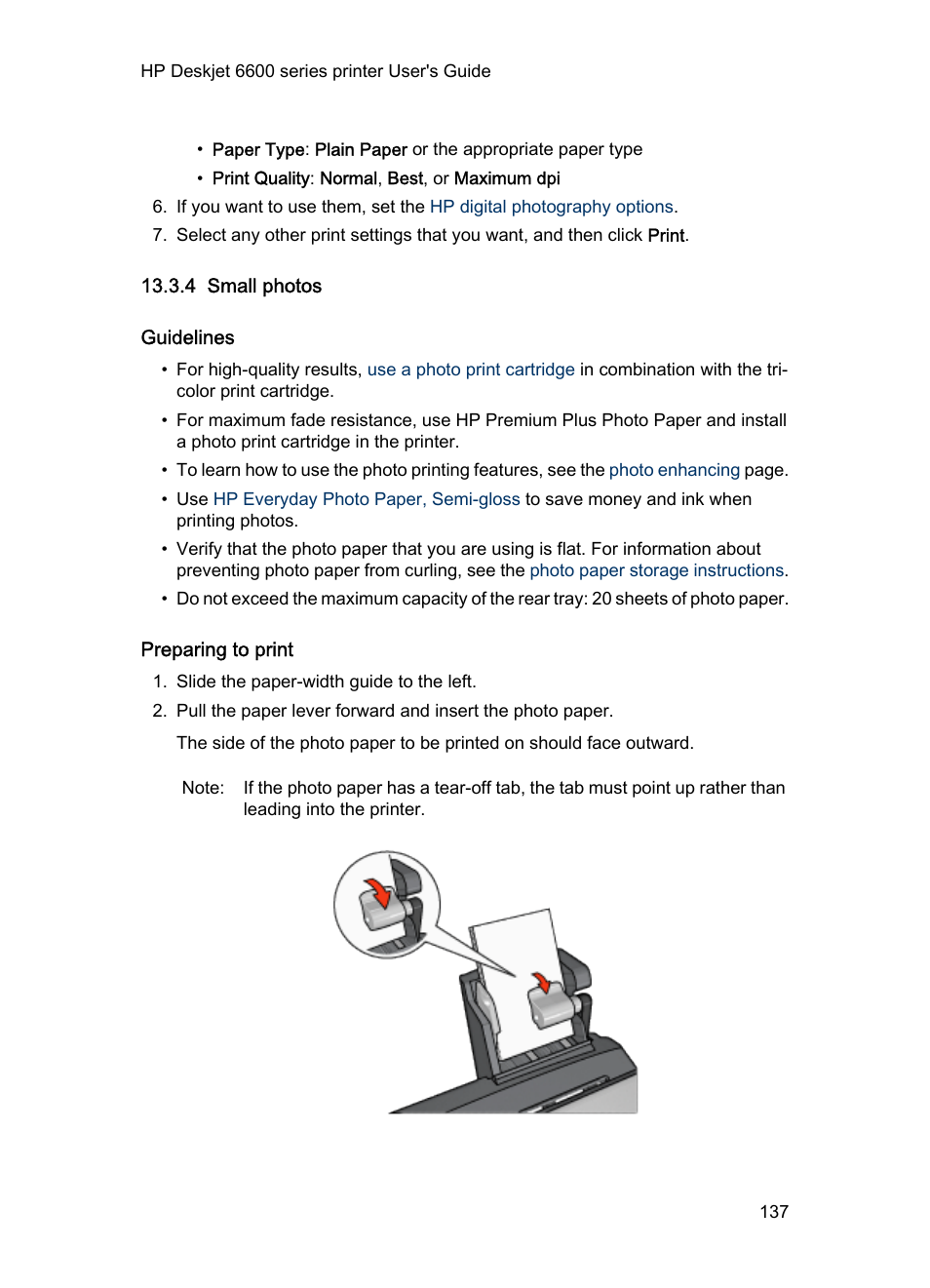 4 small photos, Guidelines, Preparing to print | Tray, Load the photo paper, Into the accessory, Photo paper | HP Deskjet 6620 Color Inkjet Printer User Manual | Page 137 / 155