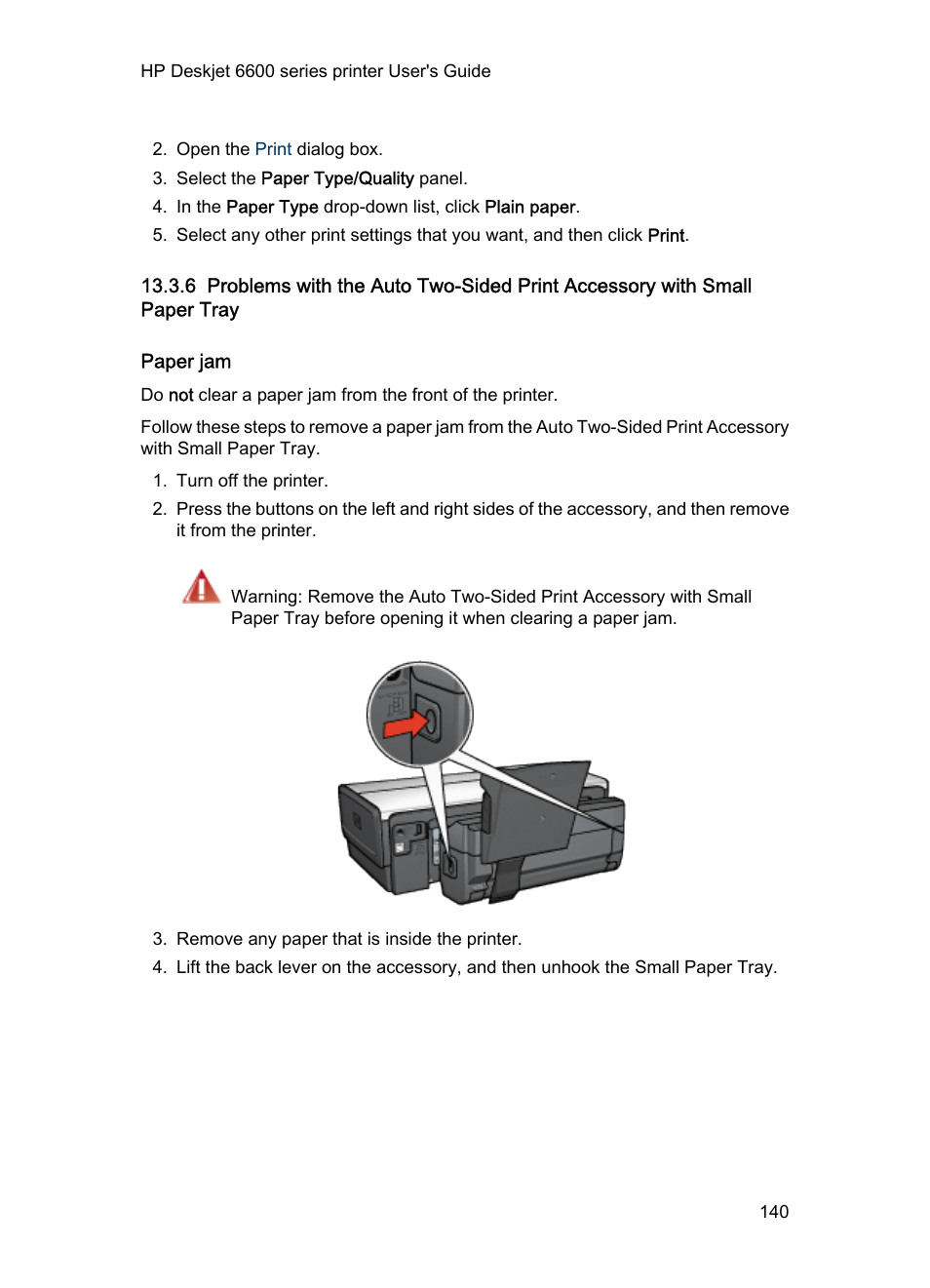 Paper jam, Steps to clear a paper jam, Printing problems | HP Deskjet 6620 Color Inkjet Printer User Manual | Page 140 / 155