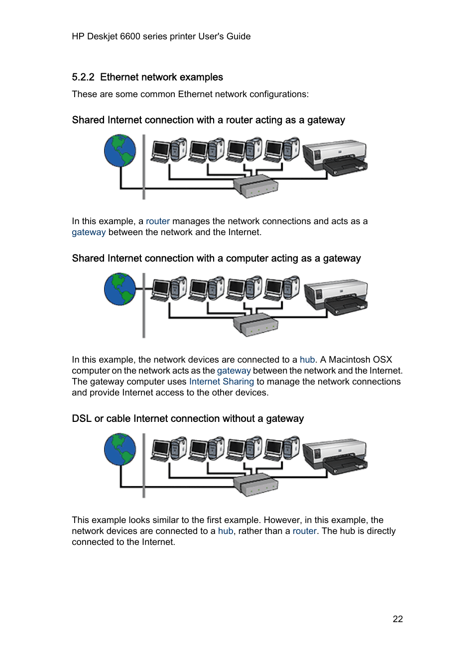 2 ethernet network examples, Dsl or cable internet connection without a gateway, Ethernet network examples | HP Deskjet 6620 Color Inkjet Printer User Manual | Page 22 / 155