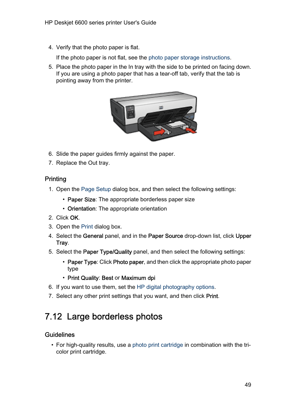 Printing, 12 large borderless photos, Guidelines | Large photos, Large borderless photo | HP Deskjet 6620 Color Inkjet Printer User Manual | Page 49 / 155