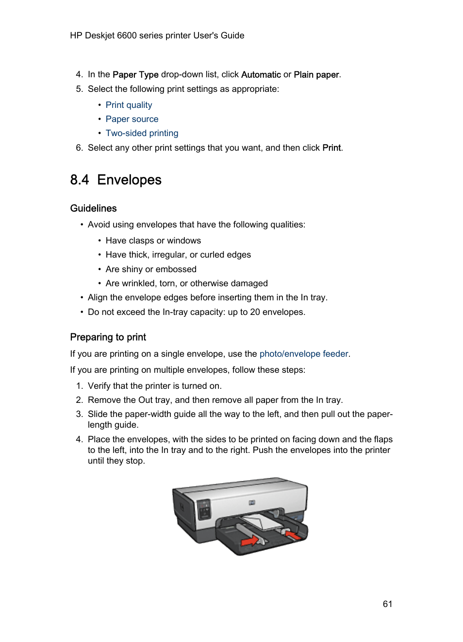 4 envelopes, Guidelines, Preparing to print | Envelopes, Envelope | HP Deskjet 6620 Color Inkjet Printer User Manual | Page 61 / 155