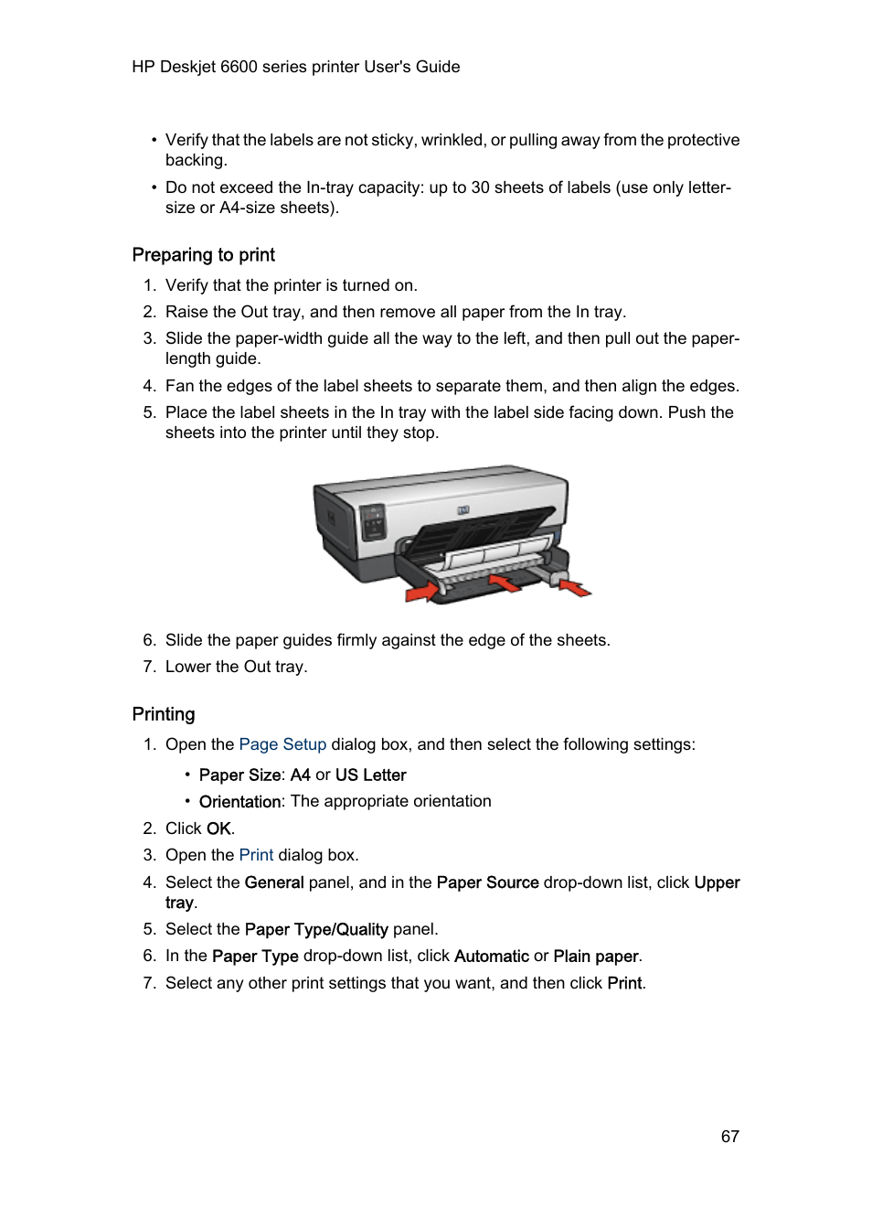 Preparing to print, Printing | HP Deskjet 6620 Color Inkjet Printer User Manual | Page 67 / 155