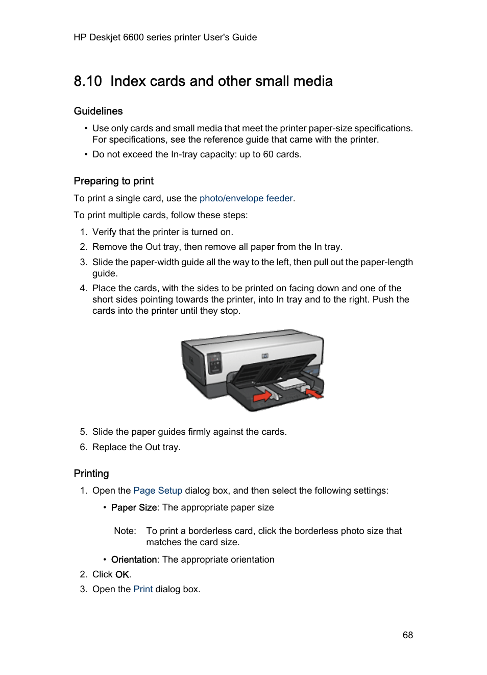 10 index cards and other small media, Guidelines, Preparing to print | Printing, Index cards | HP Deskjet 6620 Color Inkjet Printer User Manual | Page 68 / 155