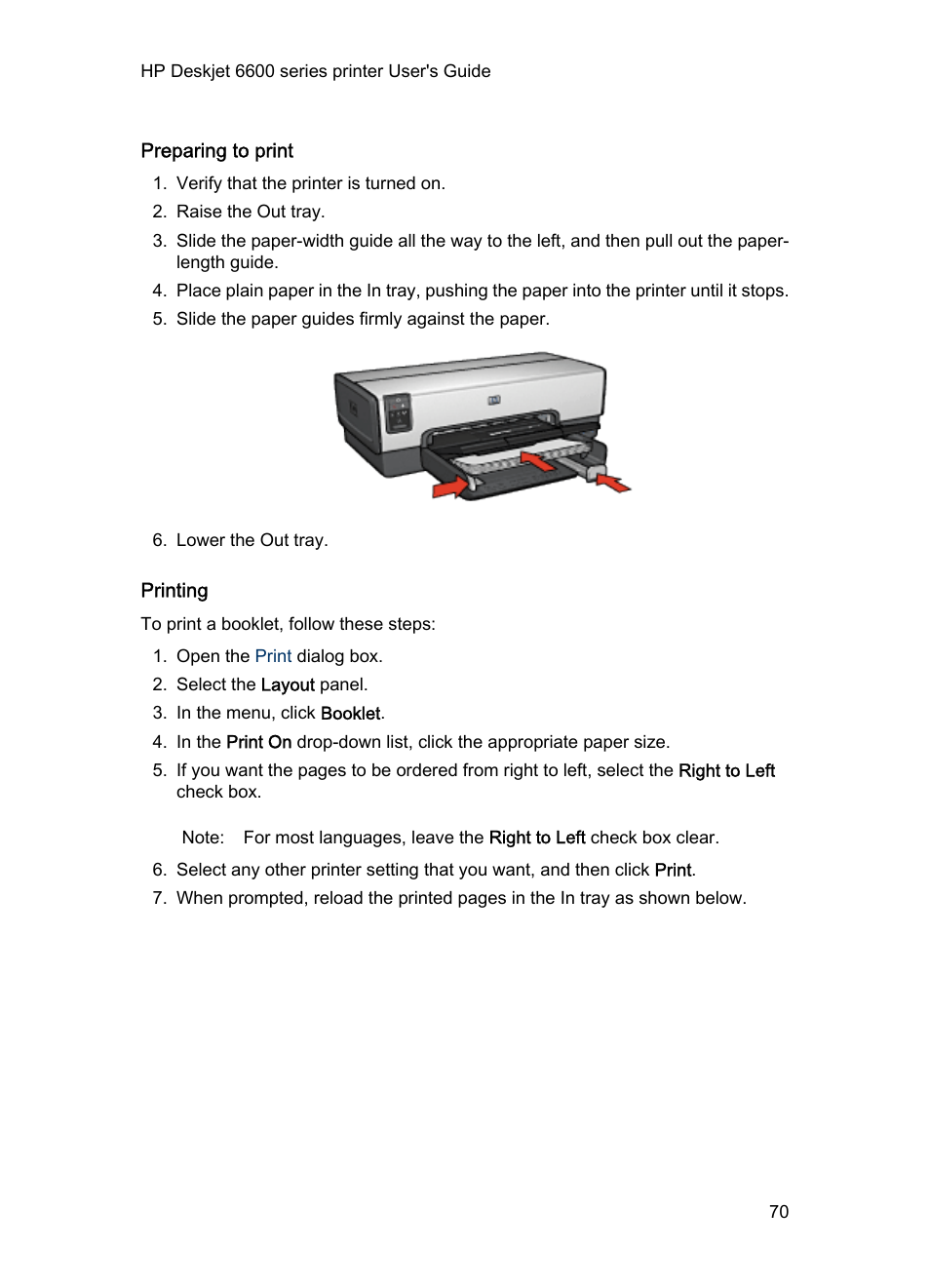 Preparing to print, Printing | HP Deskjet 6620 Color Inkjet Printer User Manual | Page 70 / 155