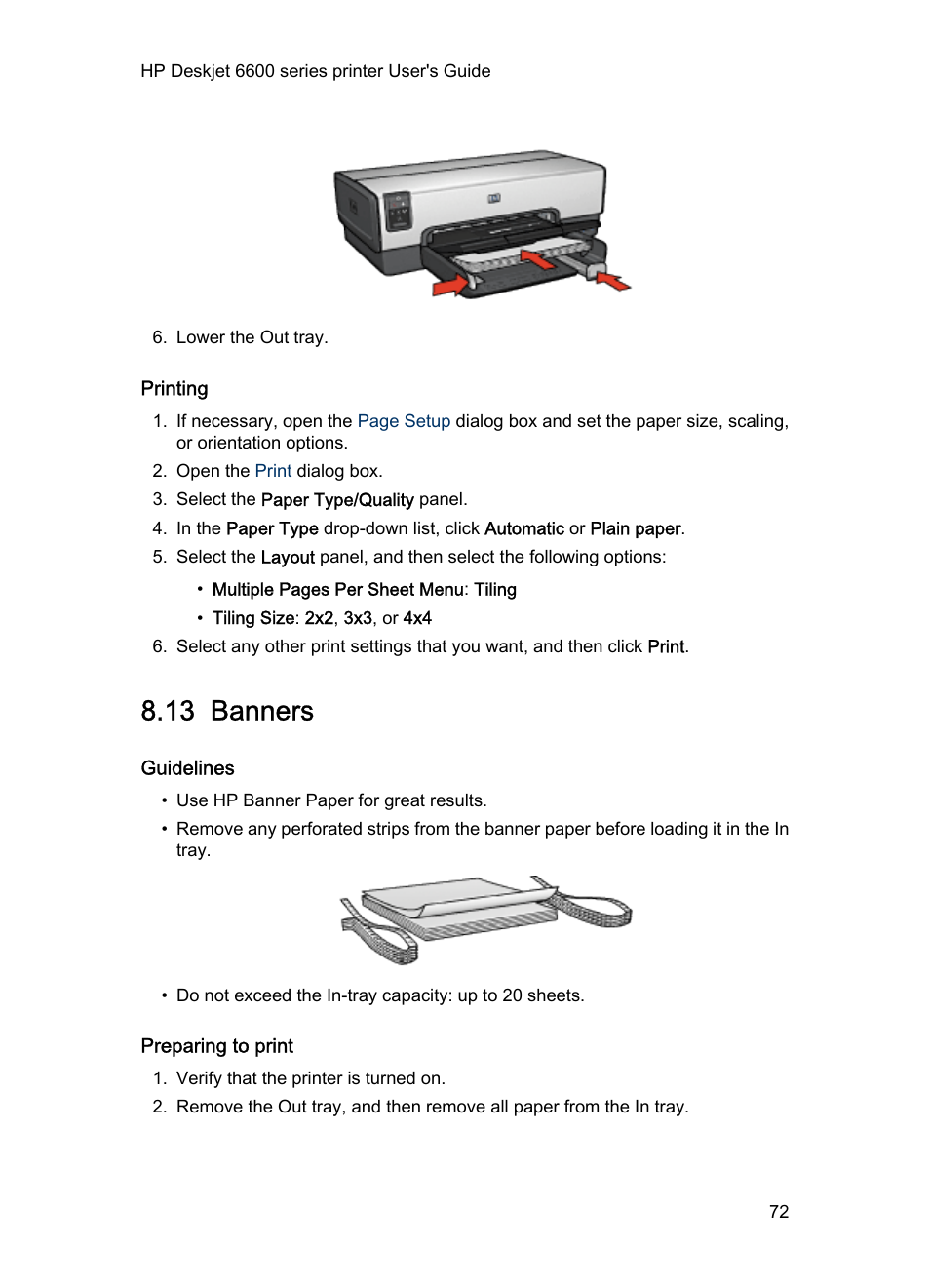 Printing, 13 banners, Guidelines | Preparing to print, Banners | HP Deskjet 6620 Color Inkjet Printer User Manual | Page 72 / 155