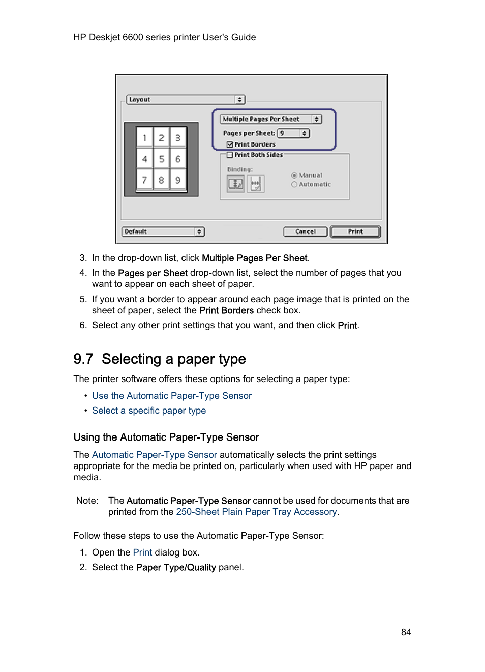 7 selecting a paper type, Using the automatic paper-type sensor, To use the automatic paper-type sensor, see the | Paper-type selection, Paper type | HP Deskjet 6620 Color Inkjet Printer User Manual | Page 84 / 155
