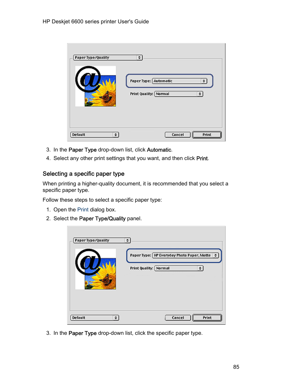 Selecting a specific paper type, Select a specific paper type | HP Deskjet 6620 Color Inkjet Printer User Manual | Page 85 / 155