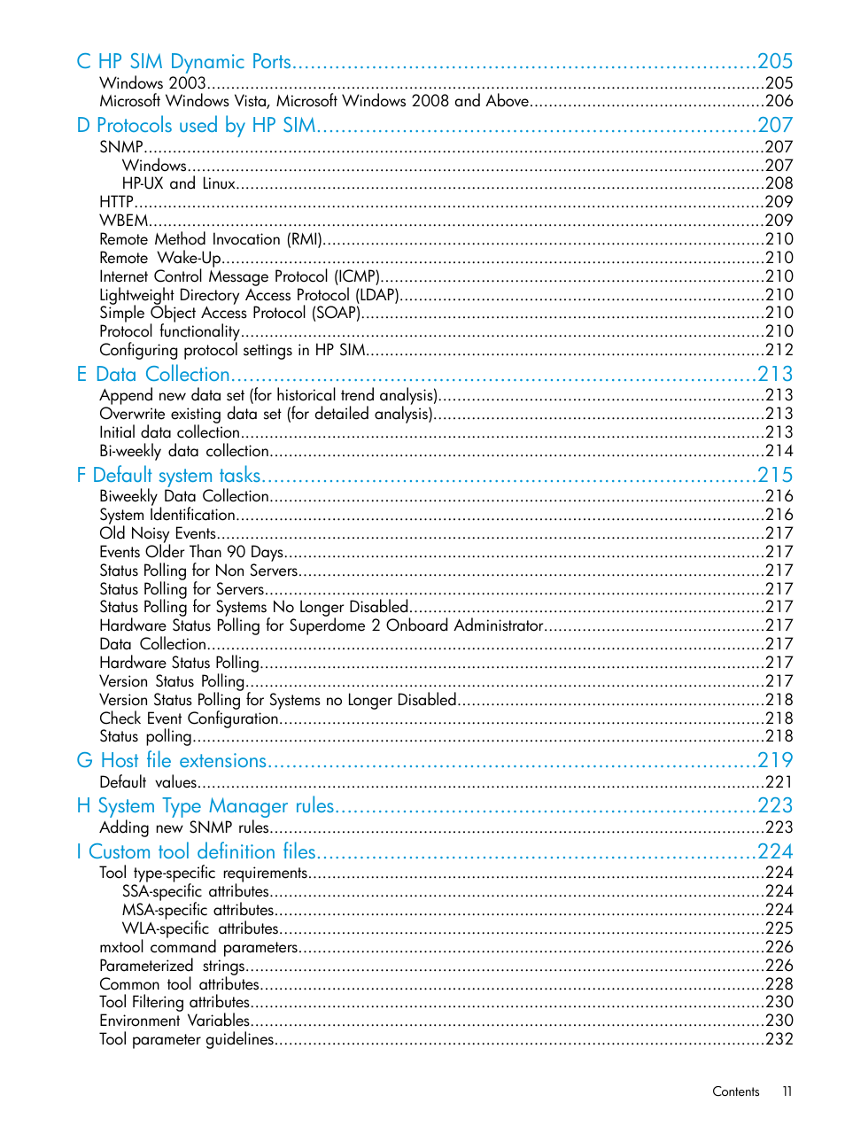 C hp sim dynamic ports, D protocols used by hp sim, E data collection | F default system tasks, G host file extensions, H system type manager rules, I custom tool definition files | HP Systems Insight Manager User Manual | Page 11 / 259