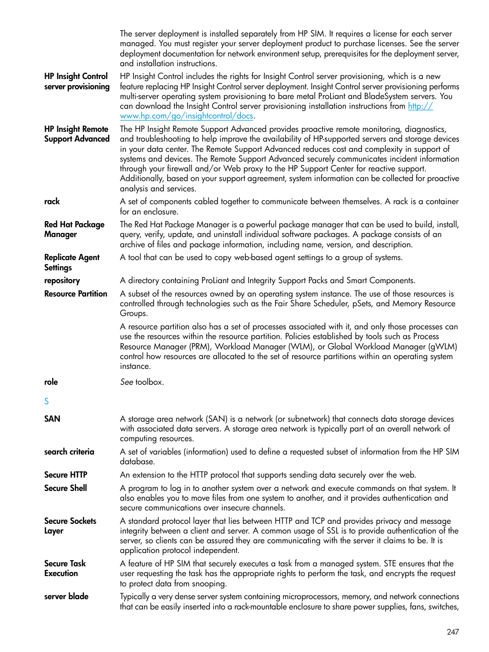 Secure shell, Secure sockets layer, Server blade | Https, Repository, Replicate agent settings | HP Systems Insight Manager User Manual | Page 247 / 259