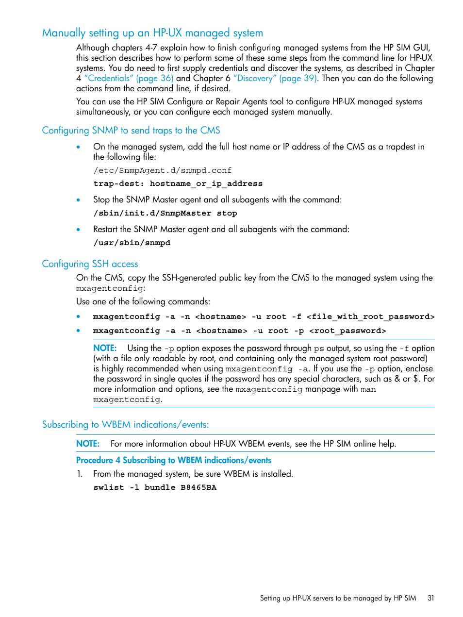 Manually setting up an hp-ux managed system, Configuring snmp to send traps to the cms, Configuring ssh access | Subscribing to wbem indications/events | HP Systems Insight Manager User Manual | Page 31 / 259