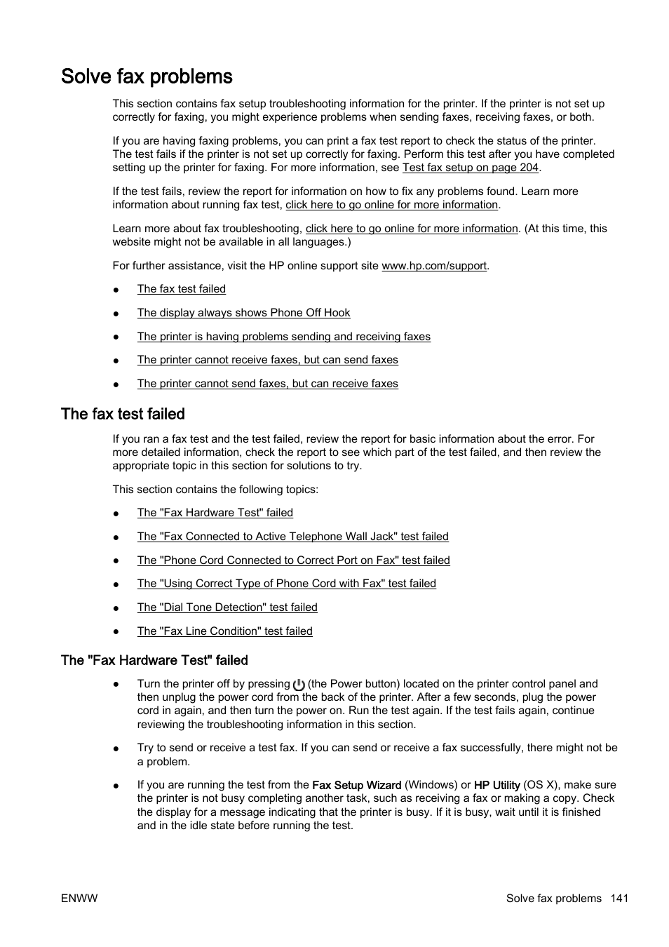 Solve fax problems, The fax test failed, The "fax hardware test" failed | HP Officejet Pro 8610 e-All-in-One Printer User Manual | Page 157 / 268