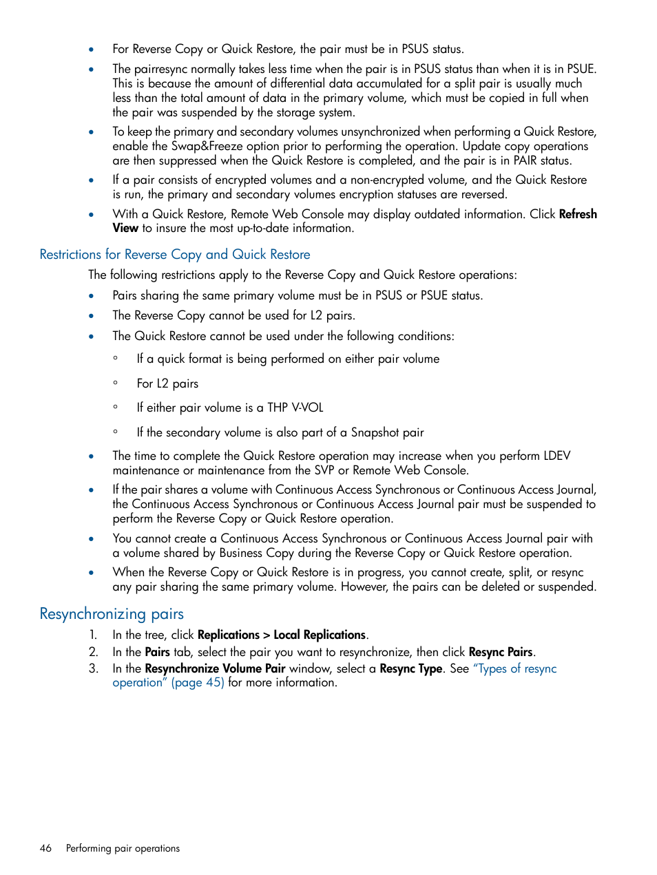 Restrictions for reverse copy and quick restore, Resynchronizing pairs | HP XP P9500 Storage User Manual | Page 46 / 132