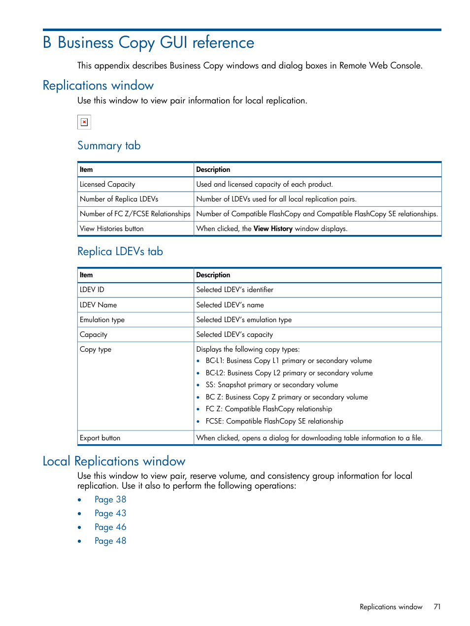 B business copy gui reference, Replications window, Local replications window | Replications window local replications window, Summary tab, Replica ldevs tab | HP XP P9500 Storage User Manual | Page 71 / 132