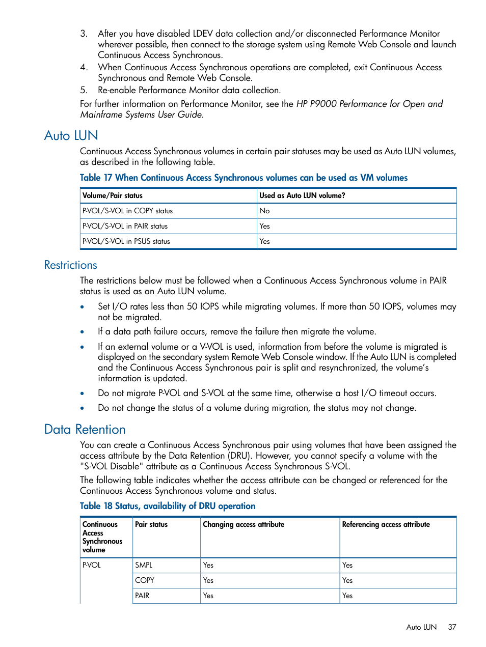 Auto lun, Restrictions, Data retention | HP XP P9500 Storage User Manual | Page 37 / 113