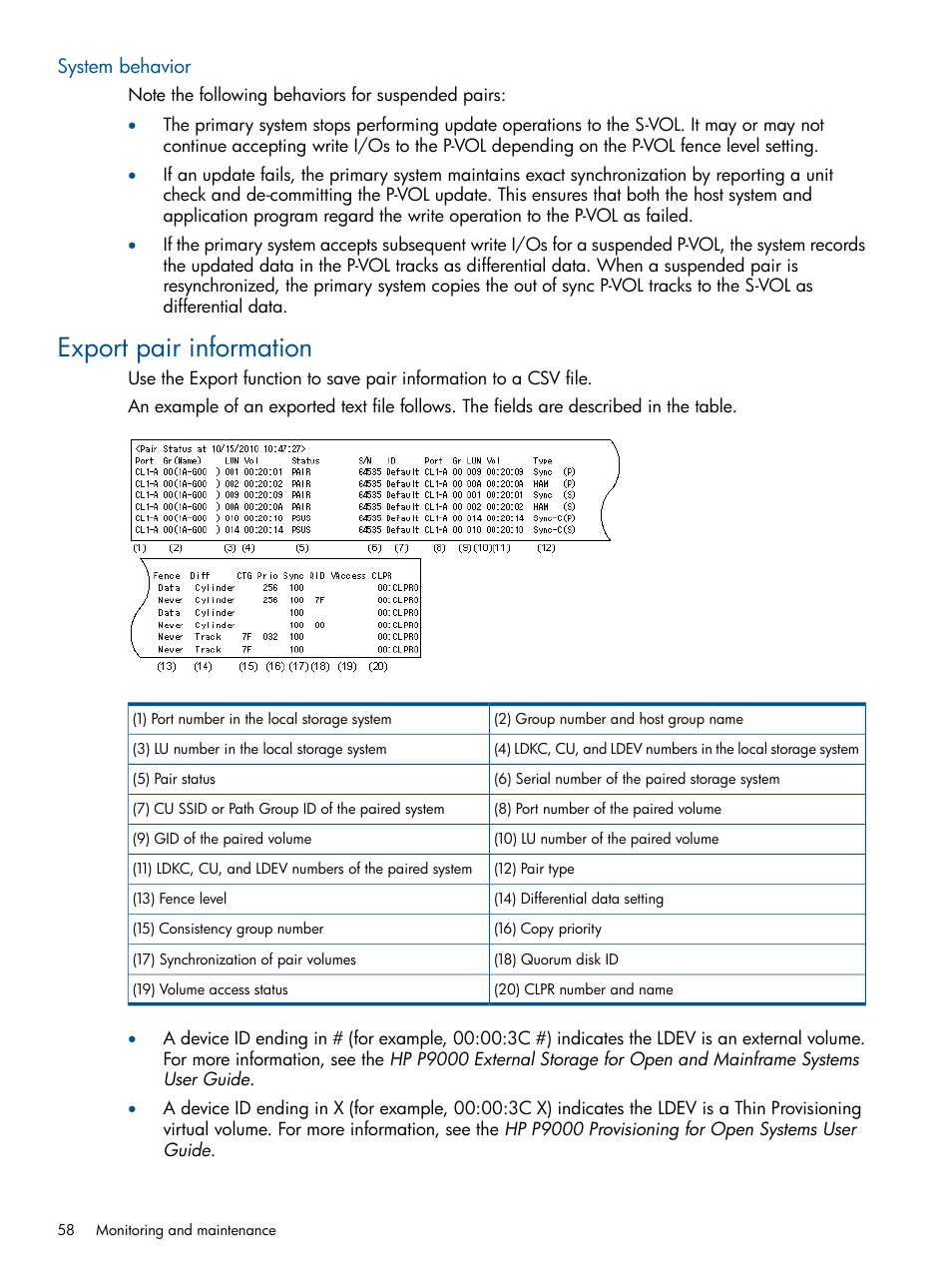 System behavior, Export pair information | HP XP P9500 Storage User Manual | Page 58 / 113