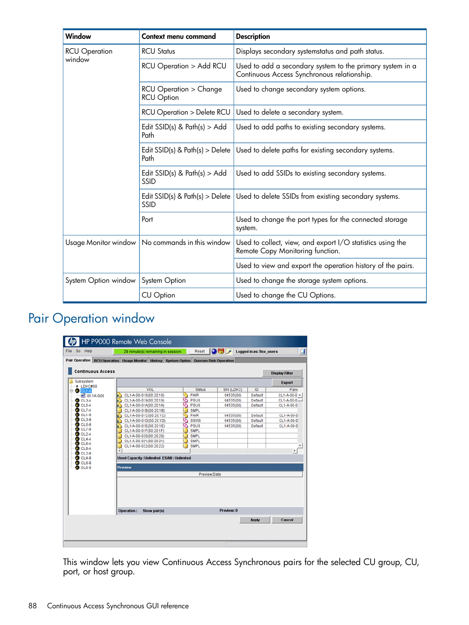 Pair operation window | HP XP P9500 Storage User Manual | Page 88 / 113