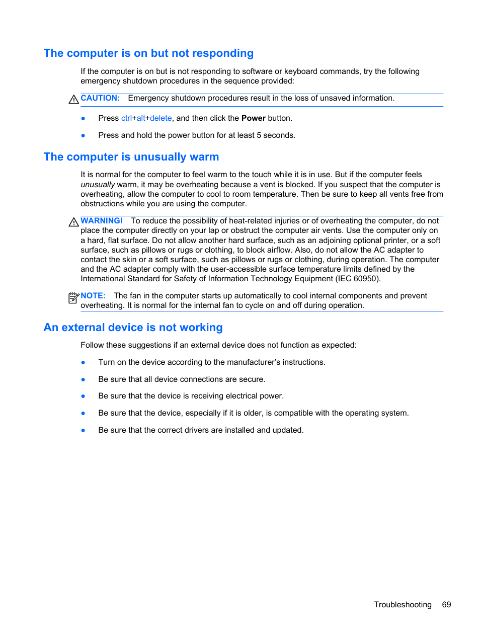 The computer is on but not responding, The computer is unusually warm, An external device is not working | The computer | HP Folio 13-2000 Notebook-PC User Manual | Page 79 / 91