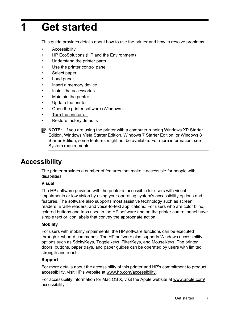 Get started, Accessibility, 1get started | HP Officejet Pro 251dw Printer series User Manual | Page 11 / 150