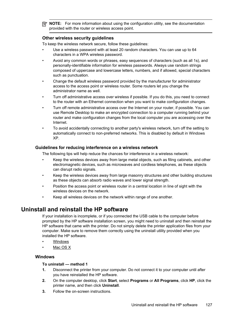 Other wireless security guidelines, Uninstall and reinstall the hp software, Windows | Windows mac os x | HP Officejet Pro 251dw Printer series User Manual | Page 131 / 150
