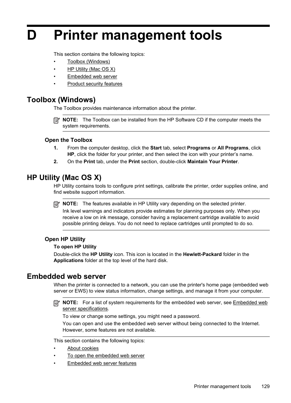 Printer management tools, Toolbox (windows), Hp utility (mac os x) | Embedded web server, About cookies, E embedded web server, See open the toolbox, Ation, see embedded web server, Dprinter management tools | HP Officejet Pro 251dw Printer series User Manual | Page 133 / 150