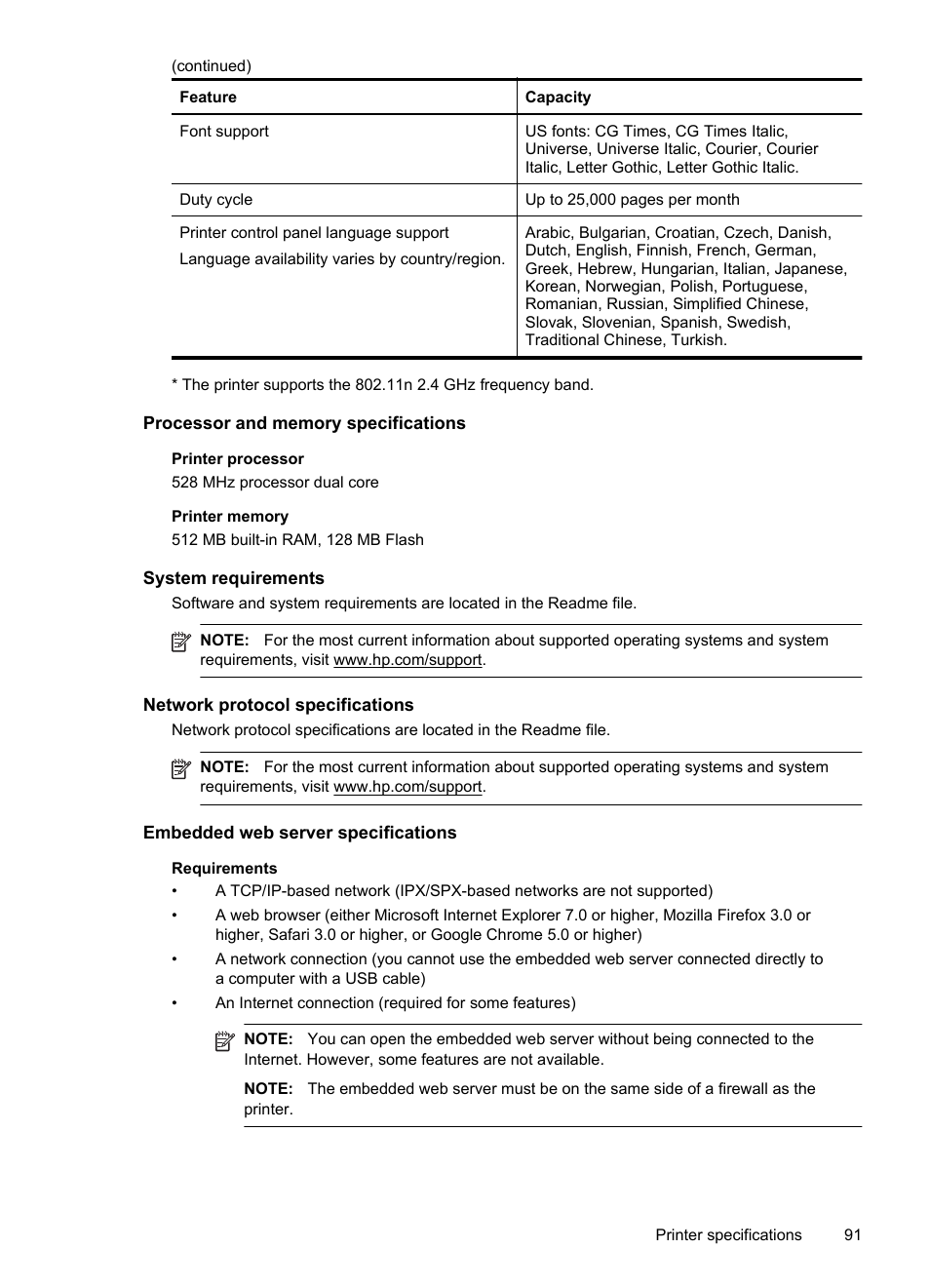 Processor and memory specifications, System requirements, Network protocol specifications | Embedded web server specifications | HP Officejet Pro 251dw Printer series User Manual | Page 95 / 150