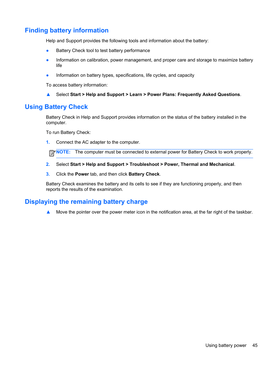 Finding battery information, Using battery check, Displaying the remaining battery charge | HP Pavilion dm4-3170se Beats Edition Entertainment Notebook PC User Manual | Page 55 / 121