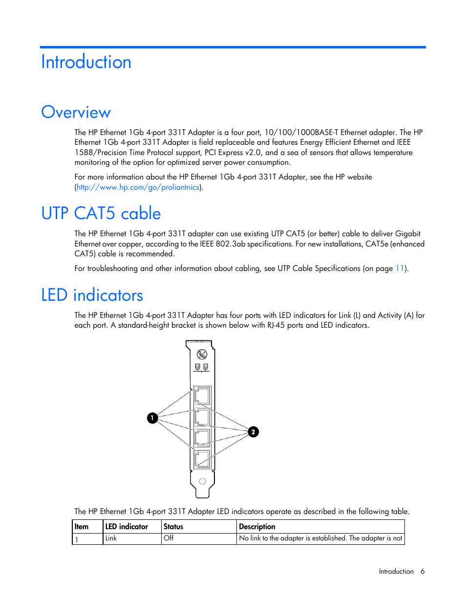 Introduction, Overview, Utp cat5 cable | Led indicators | HP Ethernet 1Gb 4-port 331T Adapter User Manual | Page 6 / 18