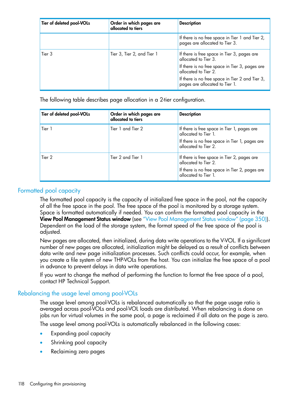 Formatted pool capacity, Rebalancing the usage level among pool-vols | HP XP P9500 Storage User Manual | Page 118 / 438