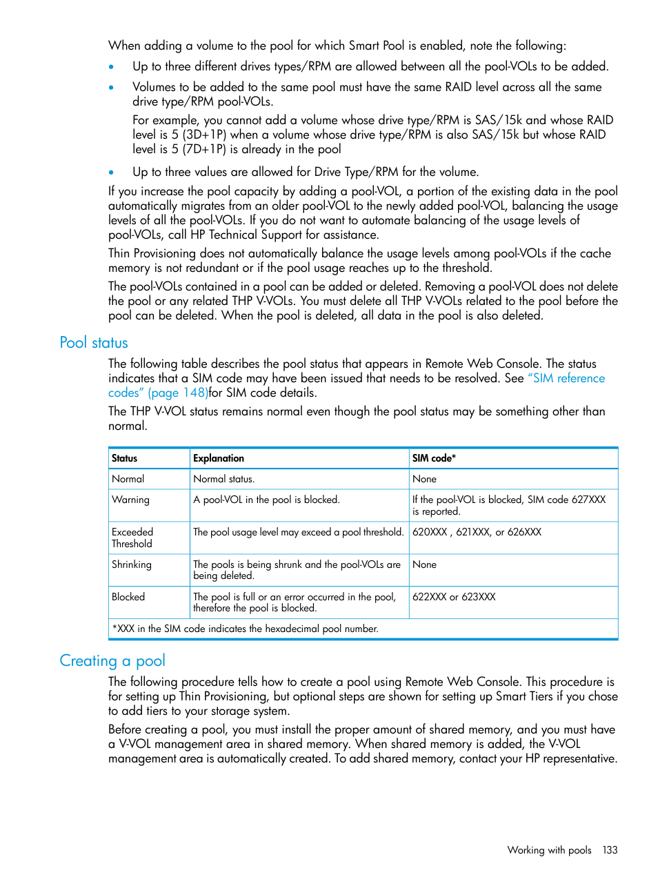 Pool status, Creating a pool, Pool status creating a pool | HP XP P9500 Storage User Manual | Page 133 / 438