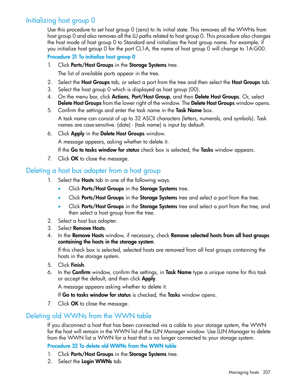 Initializing host group 0, Deleting a host bus adapter from a host group, Deleting old wwns from the wwn table | HP XP P9500 Storage User Manual | Page 207 / 438