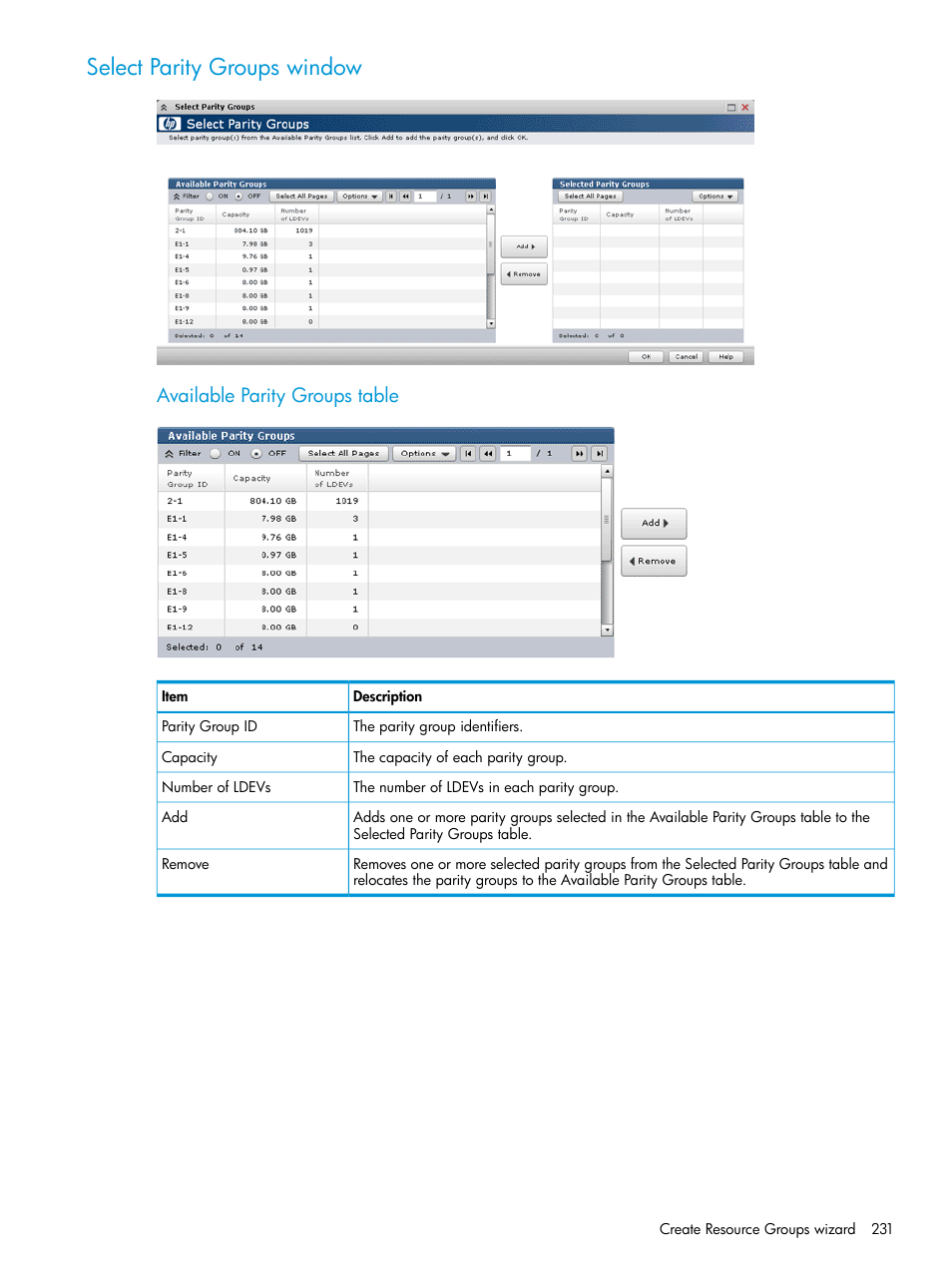 Select parity groups window, Available parity groups table | HP XP P9500 Storage User Manual | Page 231 / 438