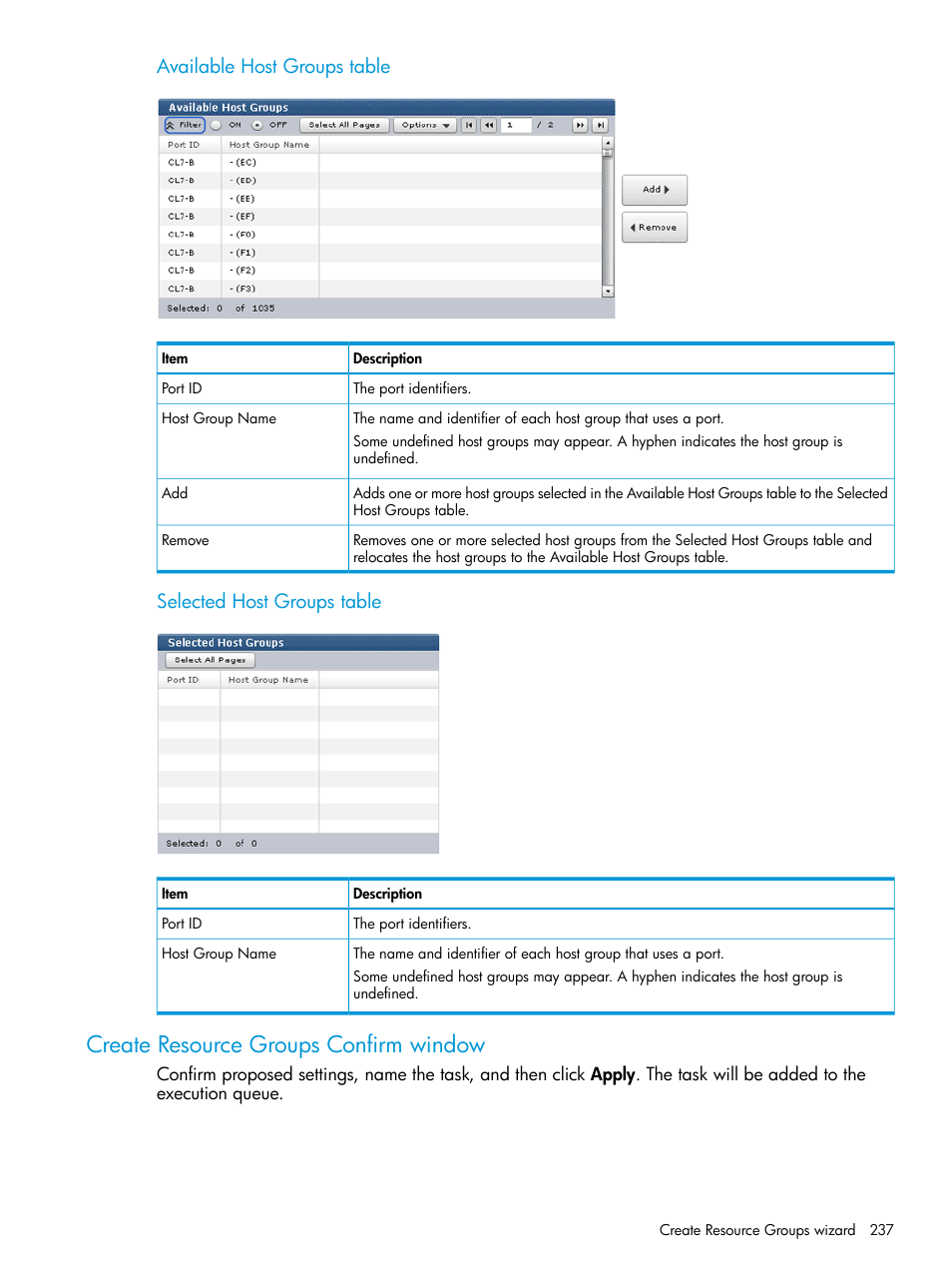 Create resource groups confirm window, Available host groups table, Selected host groups table | HP XP P9500 Storage User Manual | Page 237 / 438