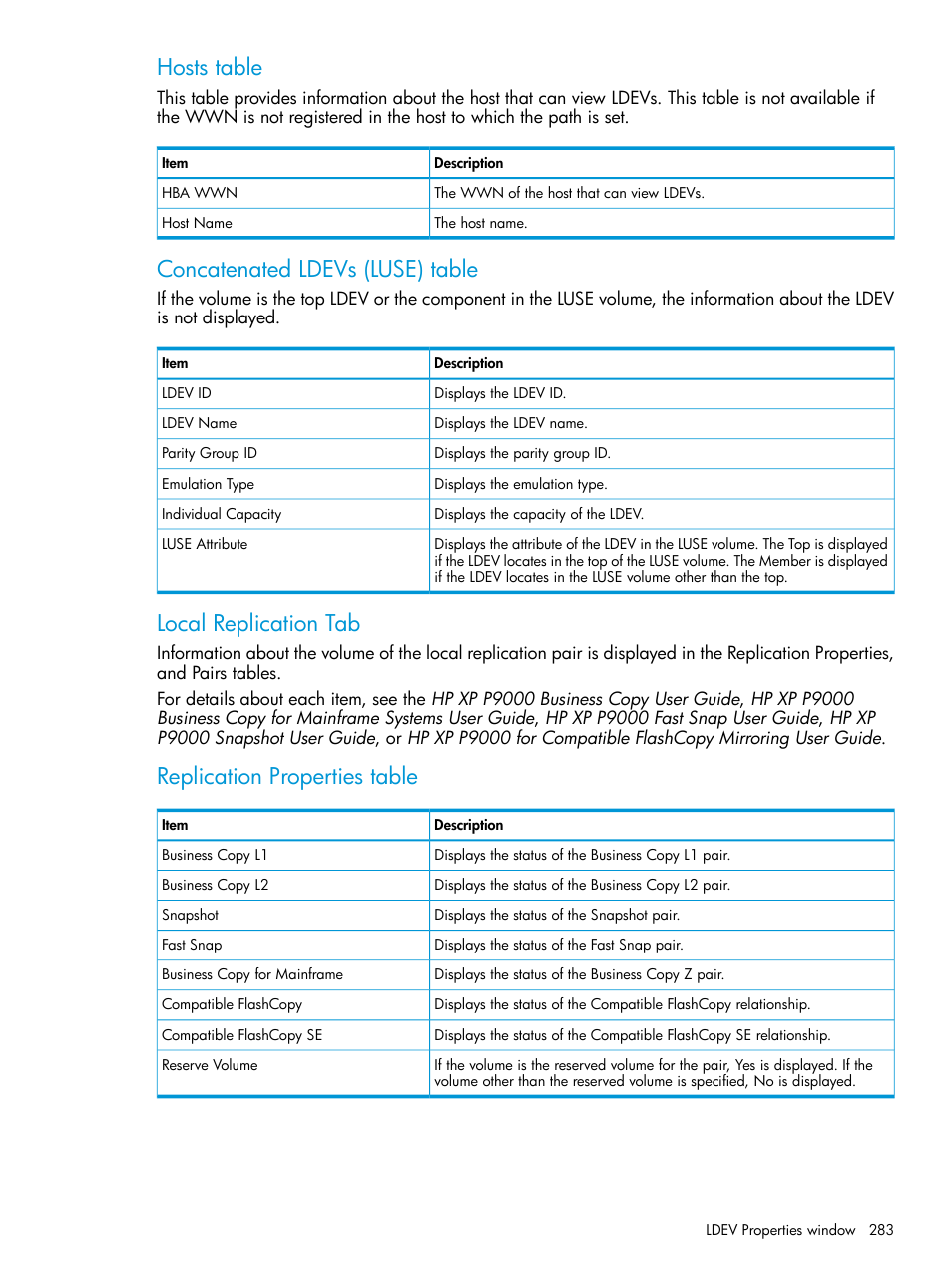 Hosts table, Concatenated ldevs (luse) table, Local replication tab | Replication properties table | HP XP P9500 Storage User Manual | Page 283 / 438