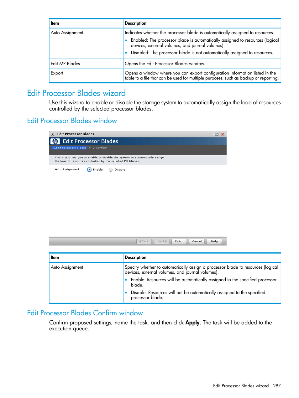 Edit processor blades wizard, Edit processor blades window, Edit processor blades confirm window | HP XP P9500 Storage User Manual | Page 287 / 438