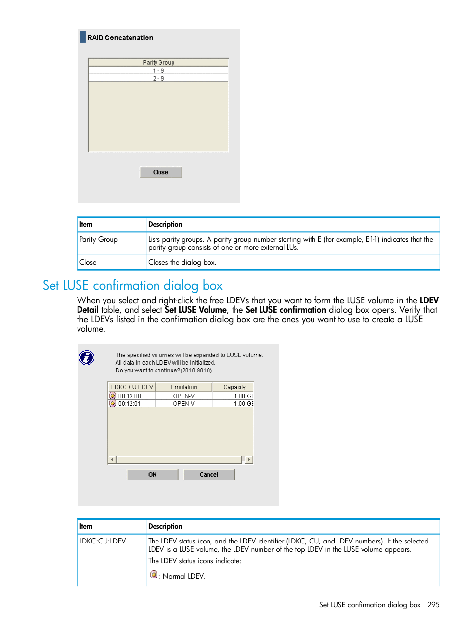 Set luse confirmation dialog box | HP XP P9500 Storage User Manual | Page 295 / 438