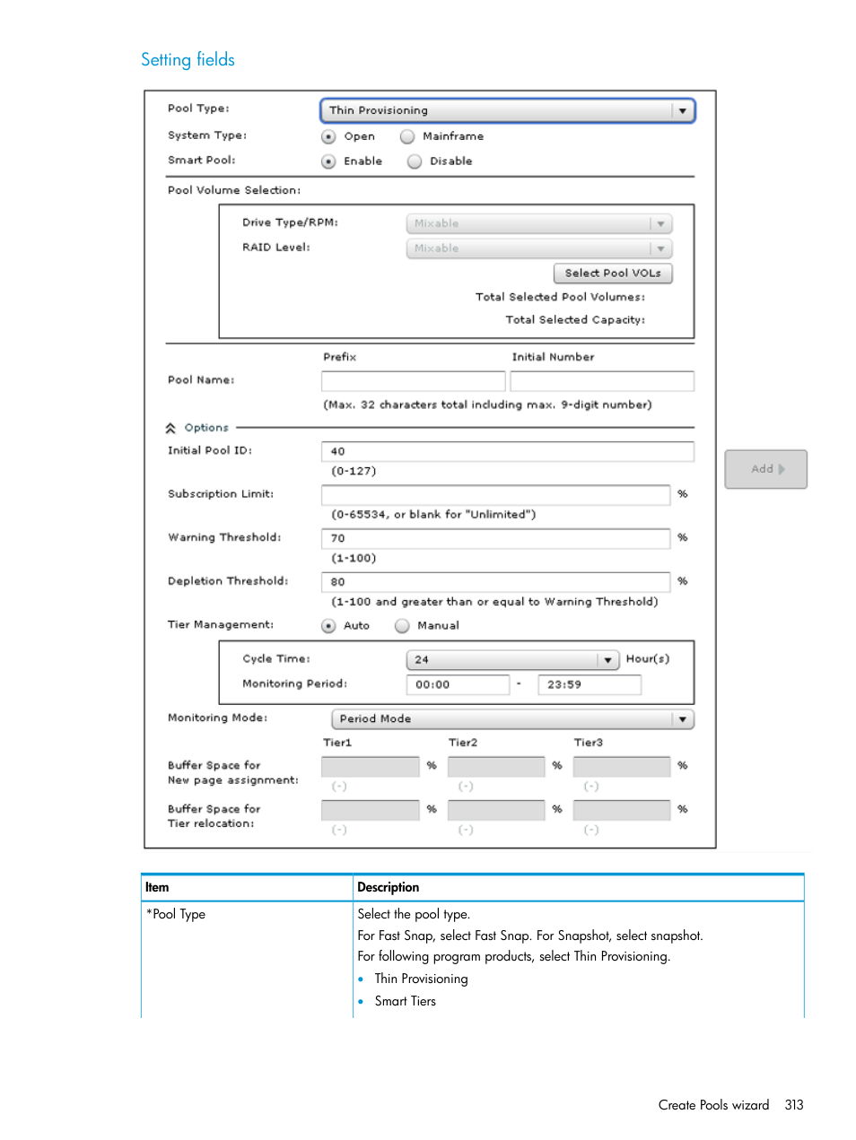 Setting fields | HP XP P9500 Storage User Manual | Page 313 / 438