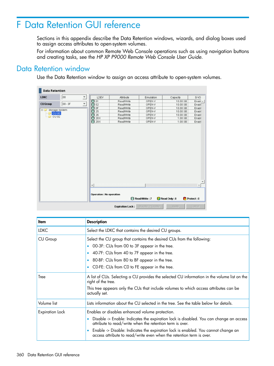 F data retention gui reference, Data retention window | HP XP P9500 Storage User Manual | Page 360 / 438